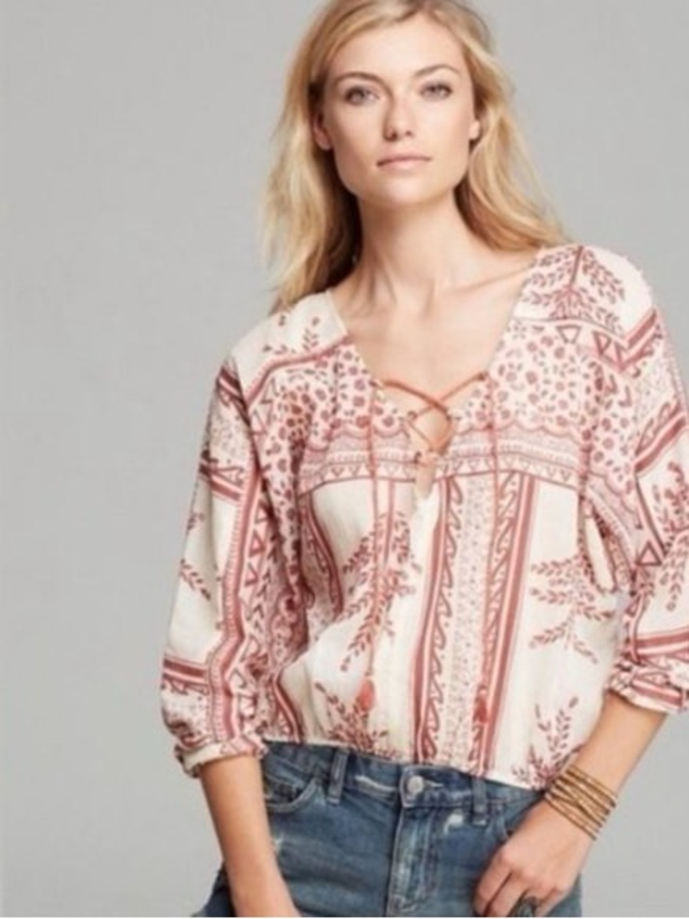 Free people yo yo geo Boho Lace-Up Peasant Top